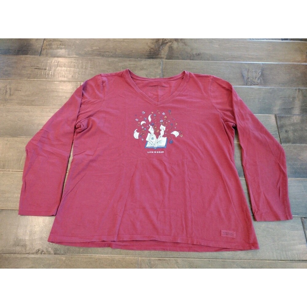 LIFE IS GOOD Women's red long-sleeve book read reading t-shirt tee - XL